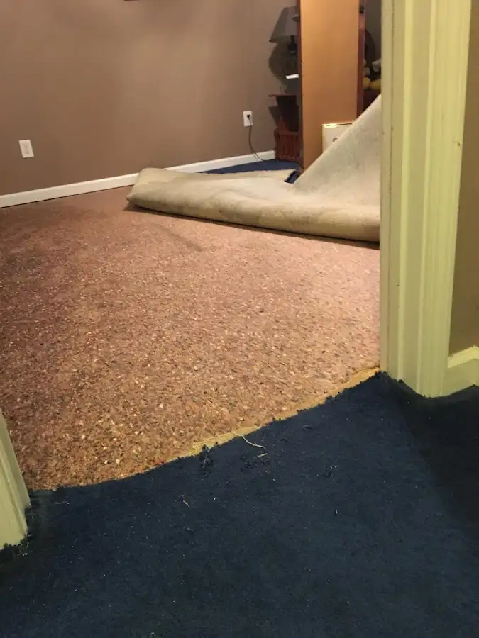 Carpet pad removal revealing water damage during Water Mitigation Services in Gresham